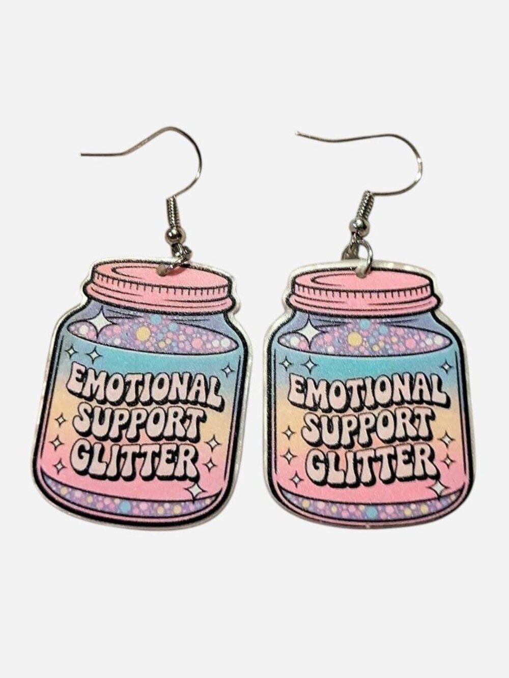 Emotional Support Glitter earrings with pink, blue, and yellow gradient